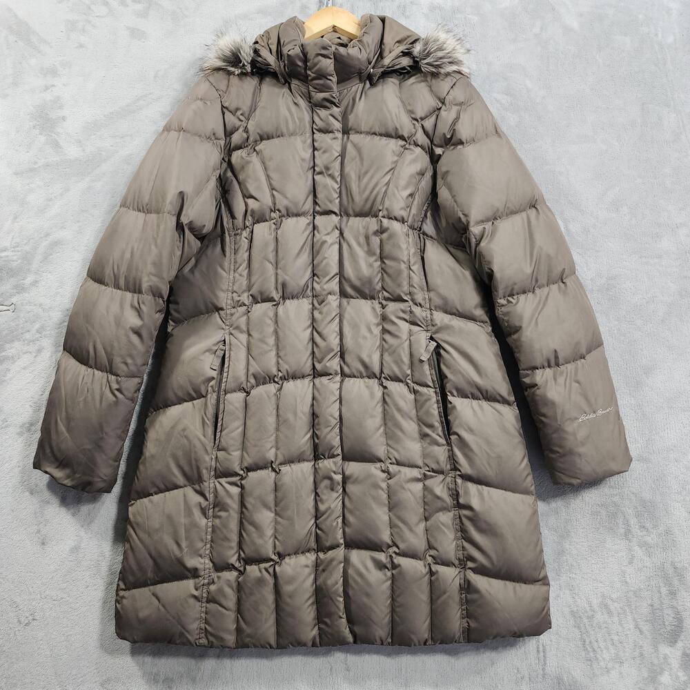 Eddie Bauer Coat Women XL Brown Lodge 650 Fill Hooded Down Parka Puffer Fur Trim